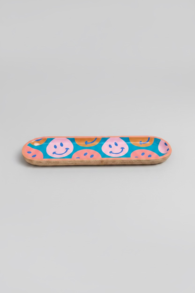 "Happy Smiles" Mango Wood Serving Platter - Colorful Design