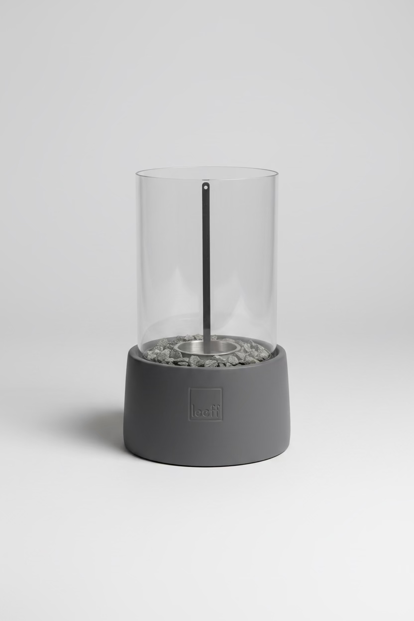 Stone Fire Grey – Bioethanol Table Fireplace with Glass Cylinder & Windbreak