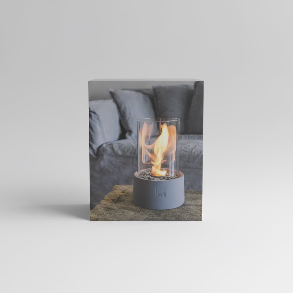 Stone Fire Grey – Bioethanol Table Fireplace with Glass Cylinder & Windbreak