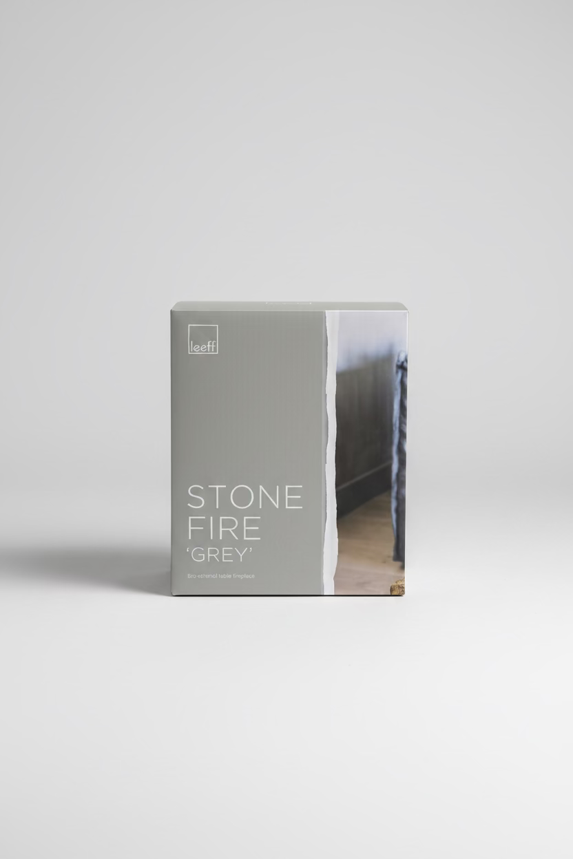 Stone Fire Grey – Bioethanol Table Fireplace with Glass Cylinder & Windbreak