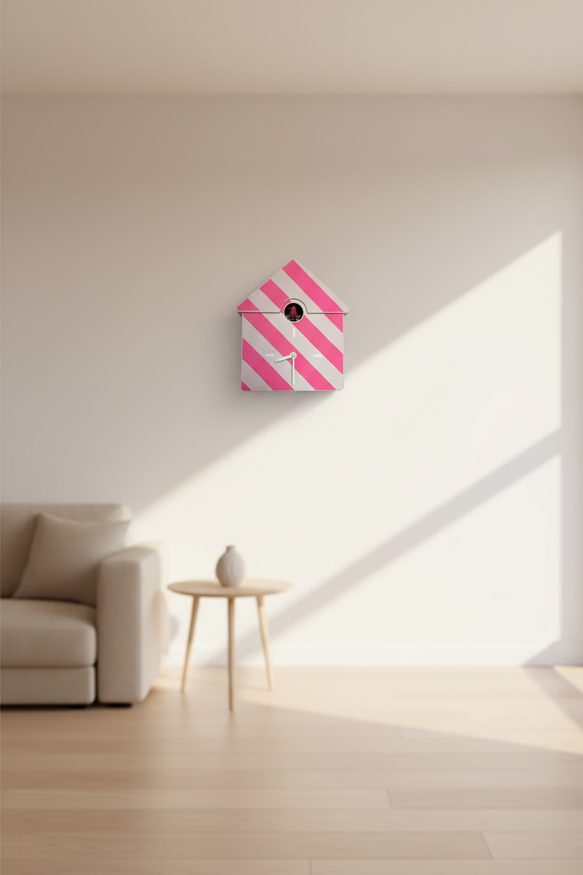 Cuckoo Clock "Pink Candy House" - Designer Wall Clock in Pink & Neon Pink