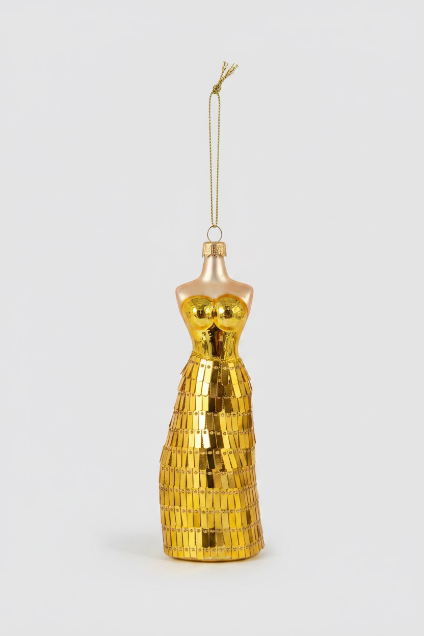 Glas-Weihnachtsanhänger Abendkleid Gold mit Pailletten