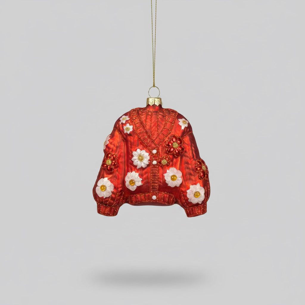 Glas-Weihnachtsanhänger Statement Cardigan Rot mit Blumen