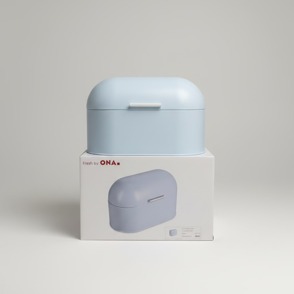 ONA Fresh Bread Box with Lid – Light Blue | Metal | 33.5 × 18 × 21.5 cm