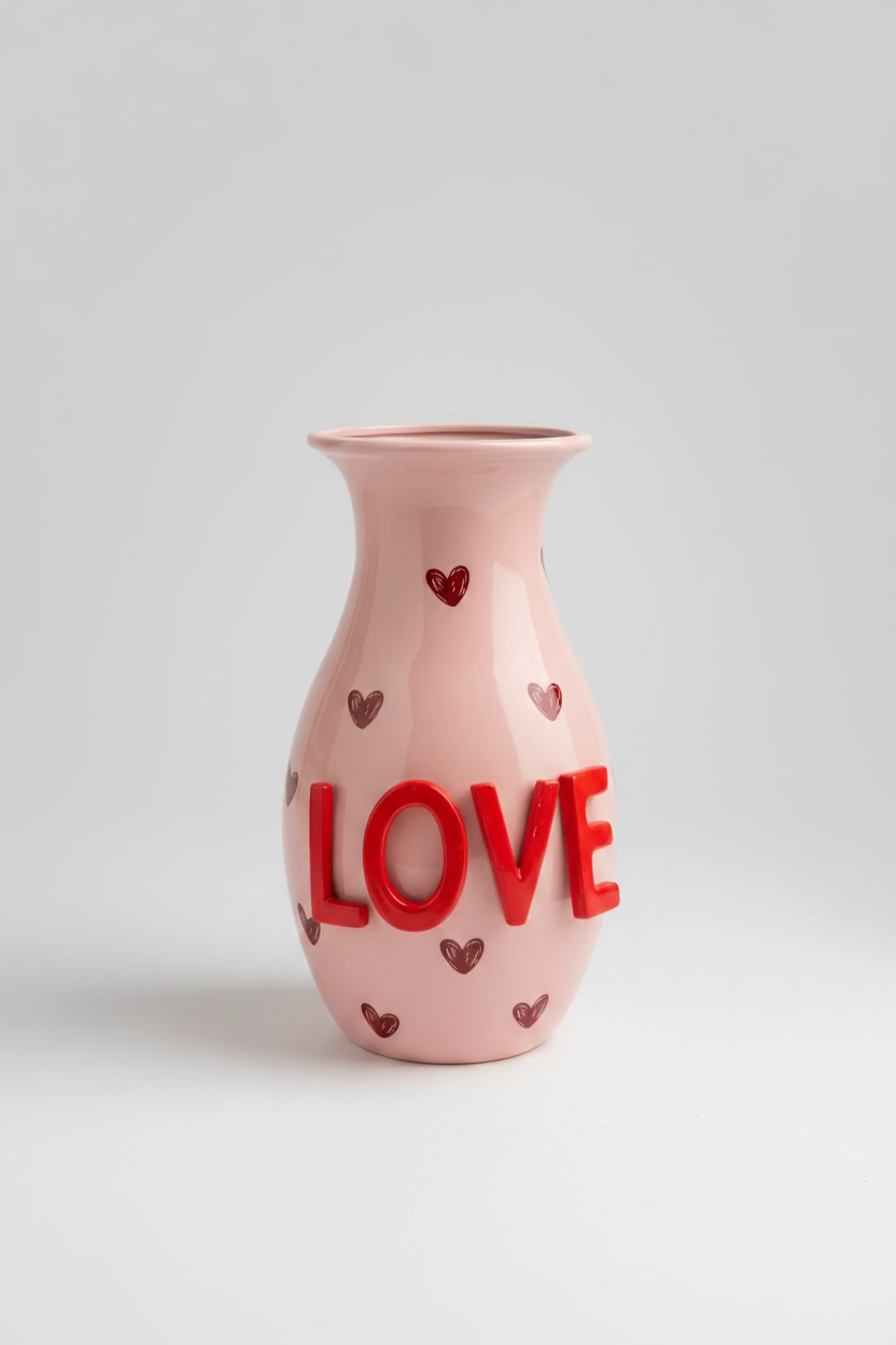 LOVE Vase L – Ceramic Vase in Pink with 3D Lettering & Heart Design