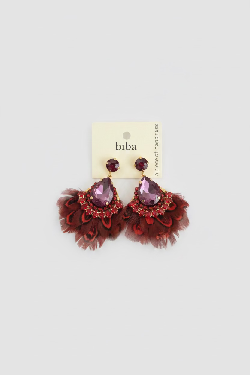 BIBA Statement Earrings Feather Glam - Bordeaux & Gold