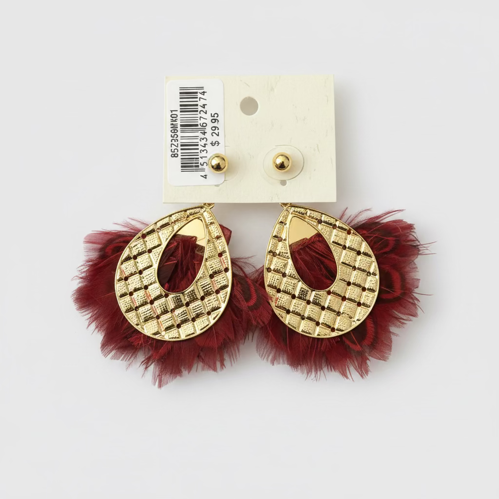 BIBA Statement Earrings Feather Glam - Bordeaux & Gold