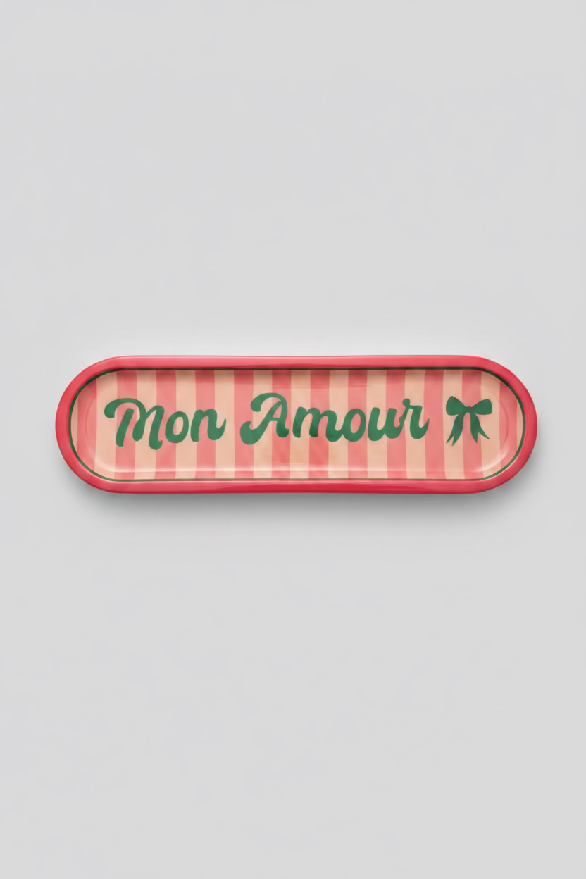 Mon Amour Tablett aus Mangoholz – Pink & Grün