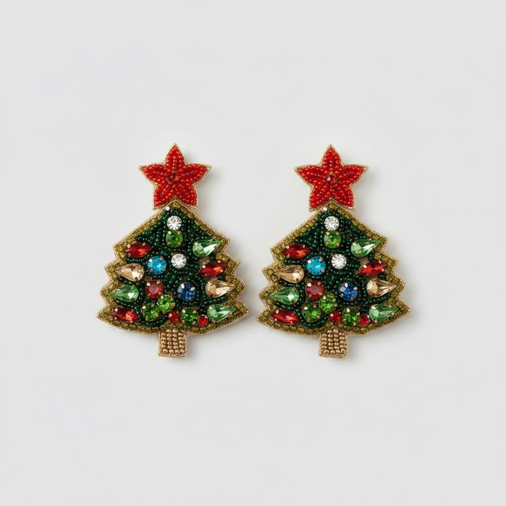 BIBA Statement-Ohrringe Weihnachtsbaum mit Schmucksteinen – Grün/Multicolor