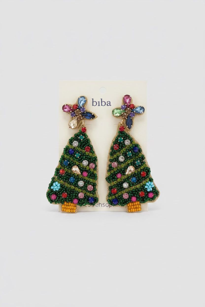 BIBA Statement-Ohrringe Weihnachtsbaum mit Schmucksteinen – Grün/Multicolor