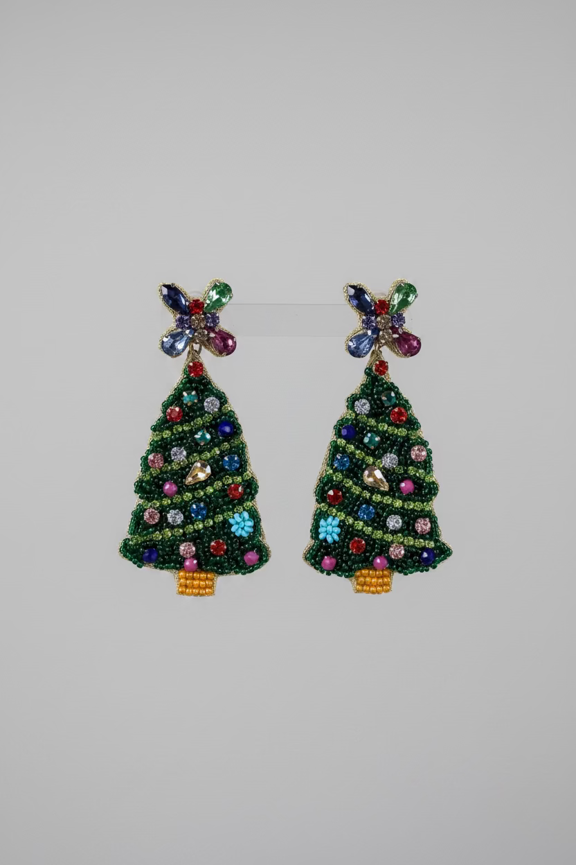 BIBA Statement-Ohrringe Weihnachtsbaum mit Schmucksteinen – Grün/Multicolor