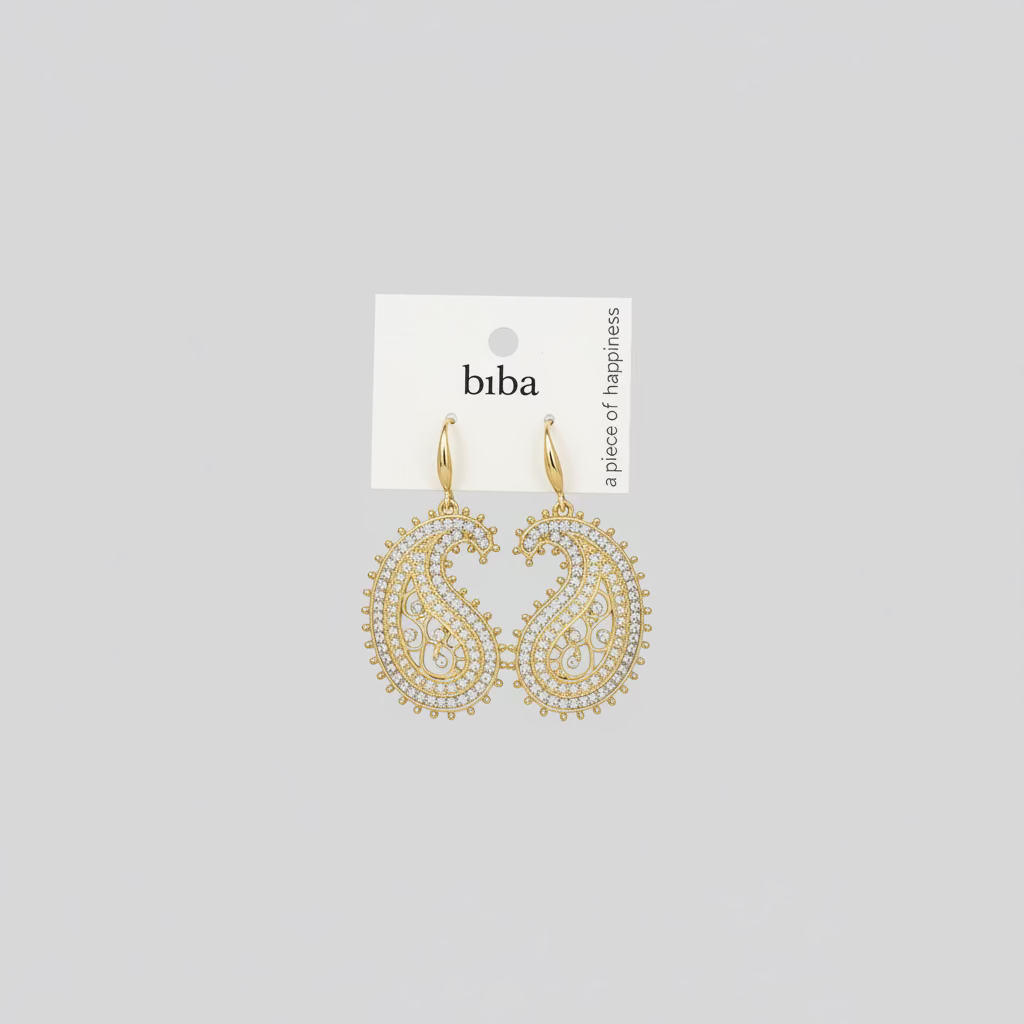 BIBA Glam Paisley Statement-Ohrringe – Gold & Strass