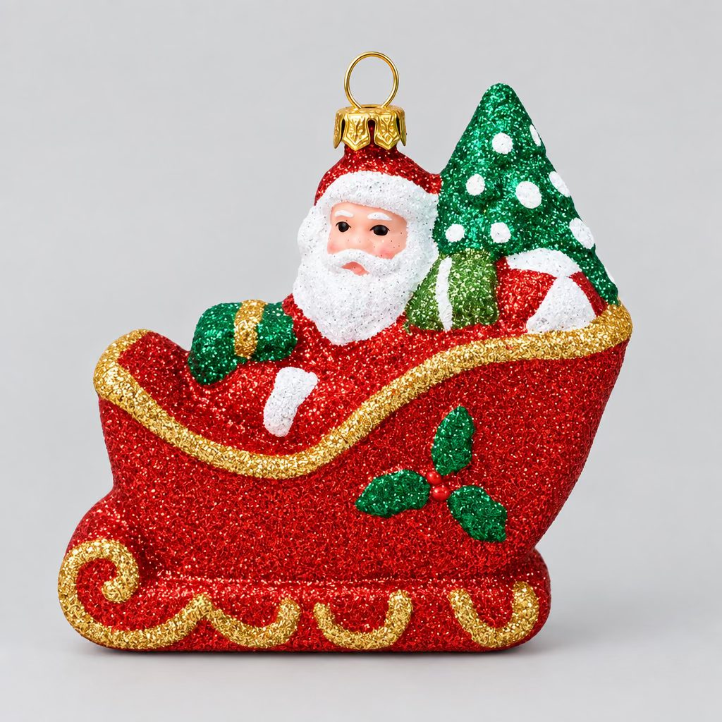 Weihnachtsanhänger „Santa im Schlitten“ – Rot mit Glitzer